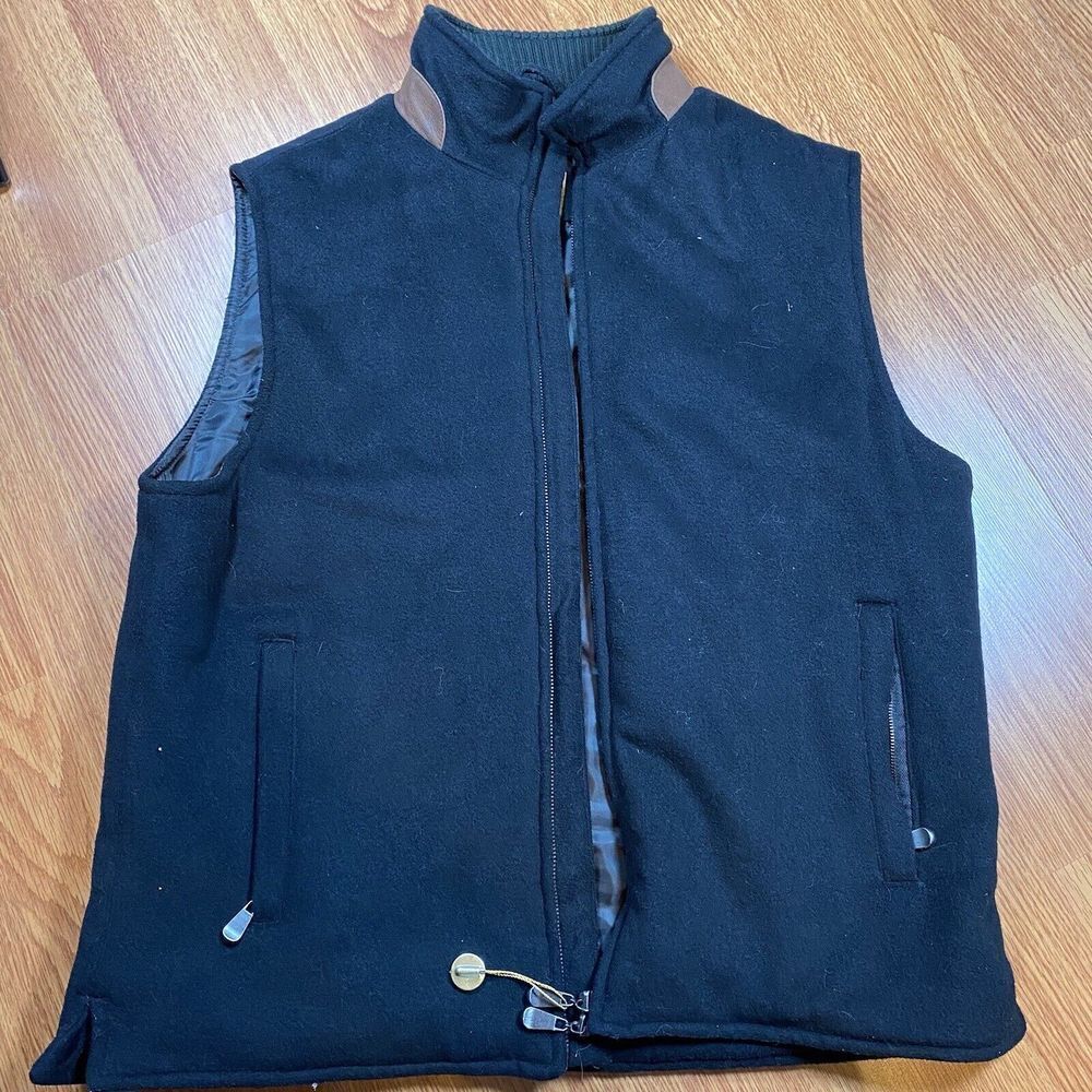 T. Harris London Wool Blend Vest M Black Mock Neck Faux Leather‎ Trim Mens
